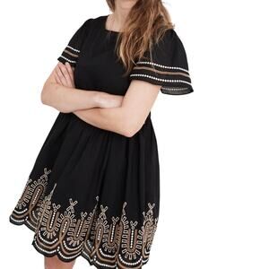 Madewell Embroidered Eyelet Puff Sleeve Mini Dress Black Scalloped Hem Swing XS